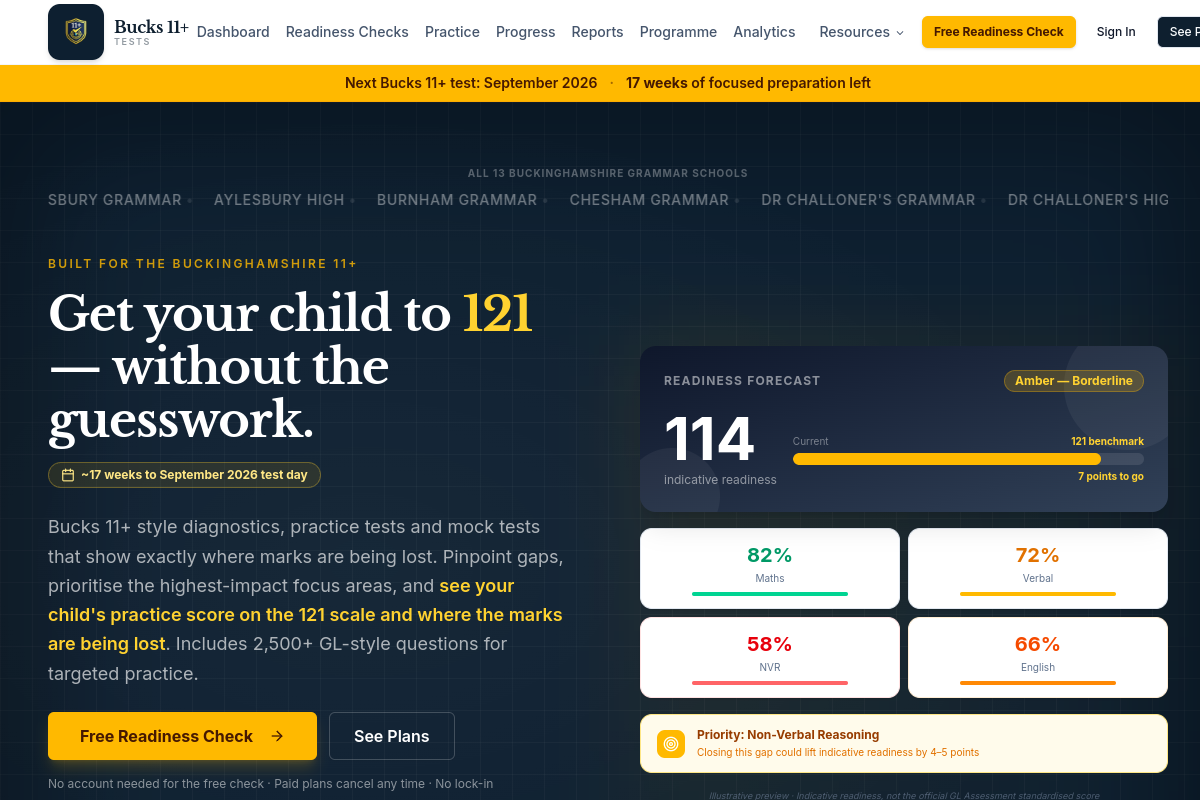 Homepage screenshot for Bucks 11 Plus Test